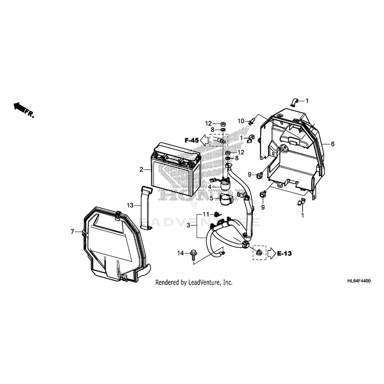 Exploded diagram of the Honda Box, Battery assembly with numbered parts, casing, filter, and hardware—featuring arrows and labels for orientation—ideal for finding OEM Honda UTV battery box replacements or identifying components.