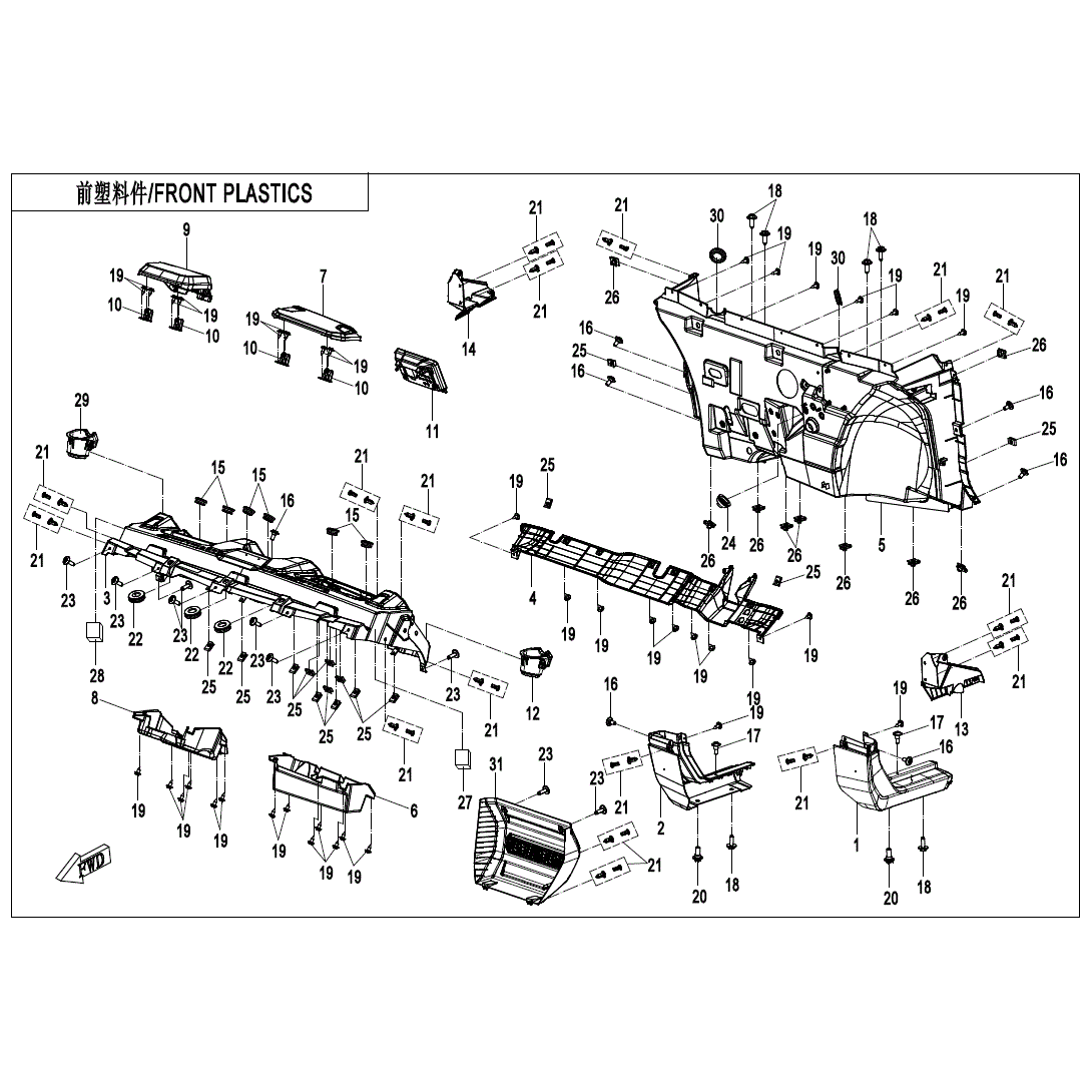 Exploded diagram of CF Moto OEM parts for Ac Guard front plastic components, each labeled by number with arrows indicating assembly. FRONT PLASTICS and Chinese characters are at the top. Available from Witchdoctors.com.