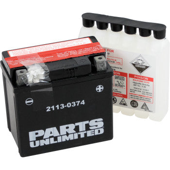 A black AGM Battery YTZ7S-BS by Parts Unlimited is displayed in front of a clear acid pack with warning labels and a black cap.