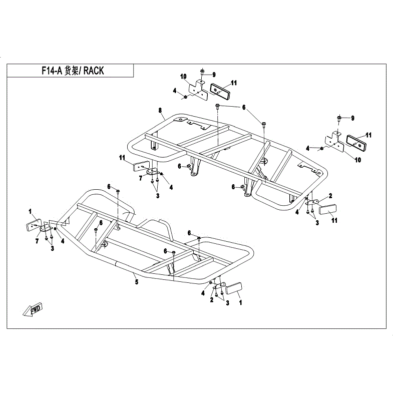 An Image of a genuine CFMOTO Parts Schematic Diagram showing the group - RACK (STEEL) - 2018 CFMOTO CFORCE 400