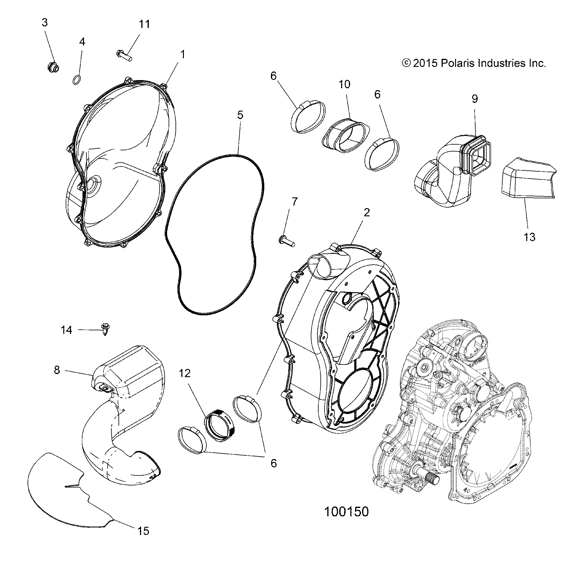 An Image of a Genuine Polaris Parts Schematic Diagram showing the schematic - BODY: CLUTCH COVER - 2016 POLARIS SPORTSMAN TOURING 1000