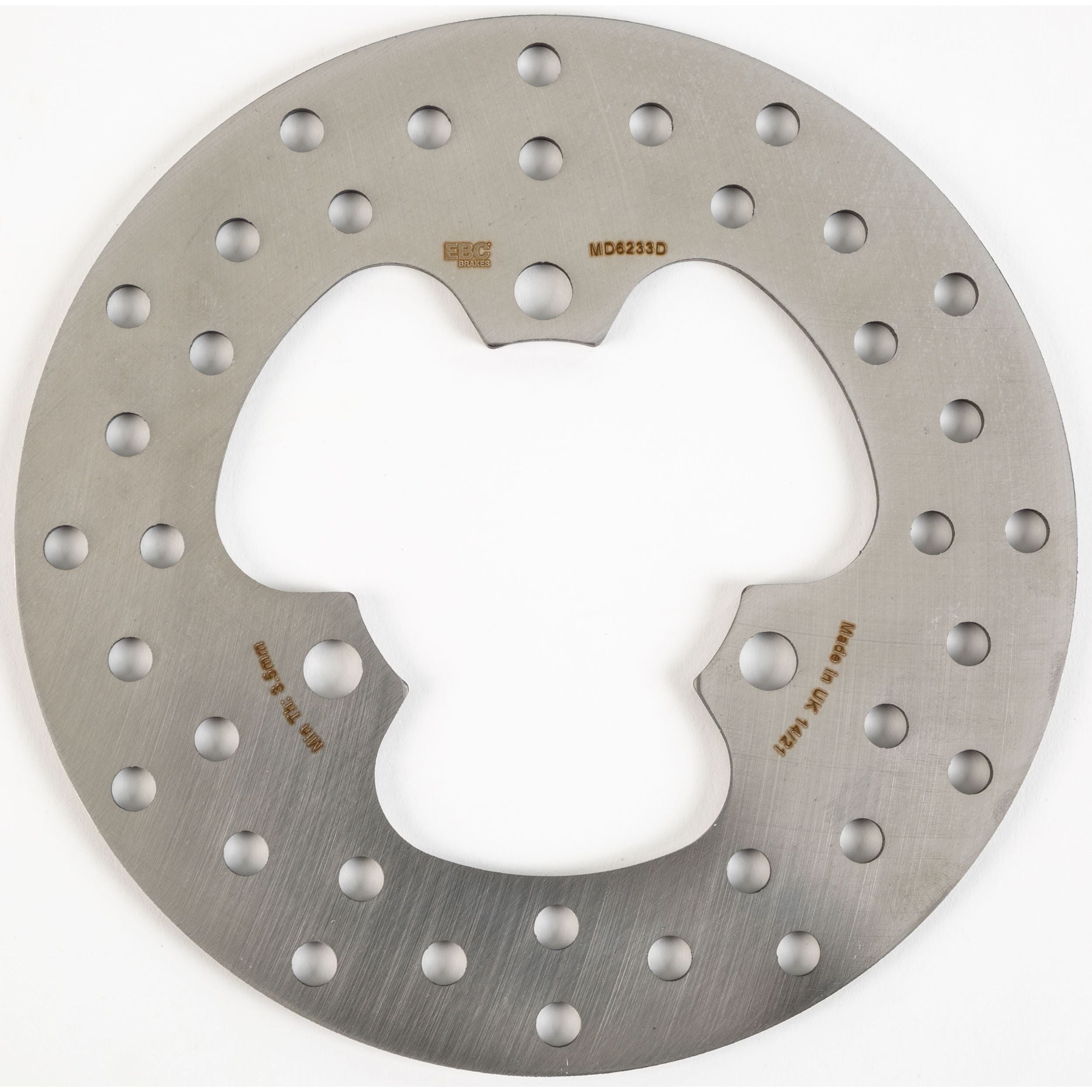 Round silver metal brake rotor with multiple evenly spaced drilled holes and three mounting slots.
