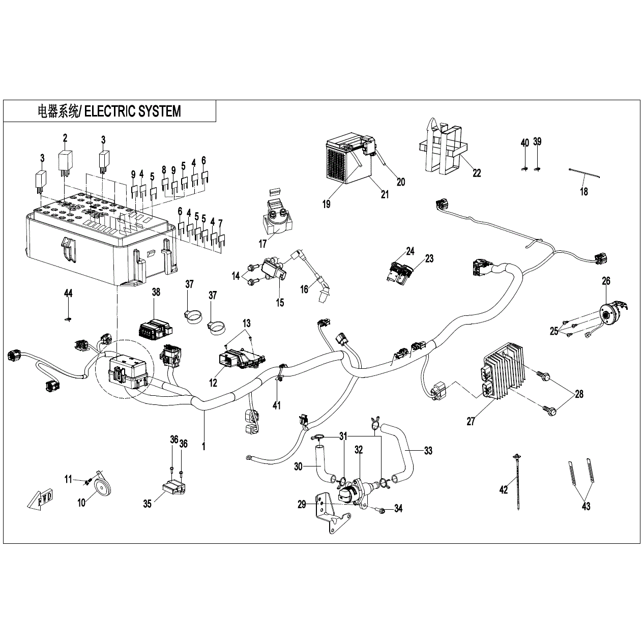 An Image of a genuine CFMOTO Parts Schematic Diagram showing the group - ELECTRIC SYSTEM - 2024 CFMOTO CFORCE 500 S
