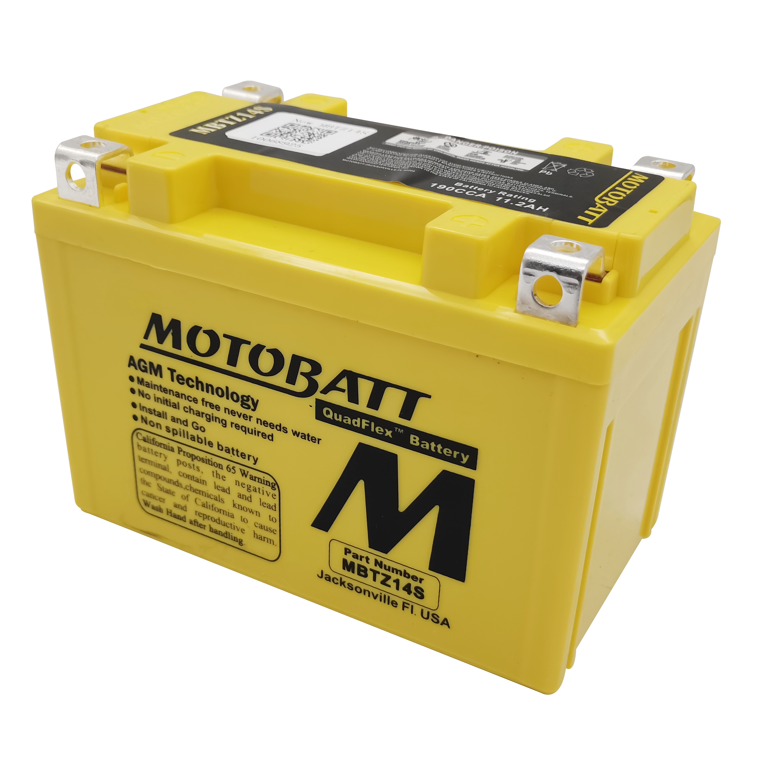 The Mbtz14S Sealed Factory Activated AGM Battery by MotoBatt is yellow with black text and a large “M” logo. It features QuadFlex Multi-Terminal Design, durable metal terminals, and labels on the side and top.