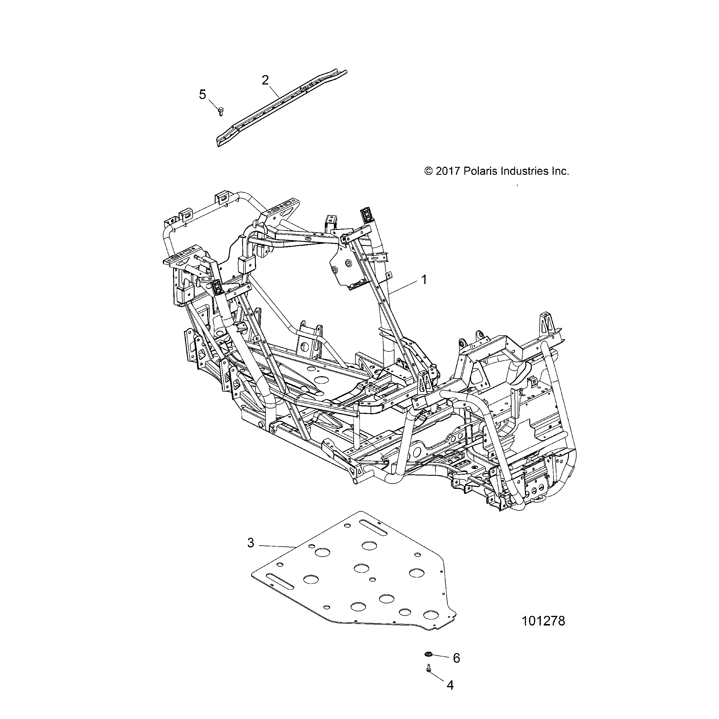 An Image of a Genuine Polaris Parts Schematic Diagram showing the schematic - CHASSIS: MAIN FRAME AND SKID PLATE - 2018 POLARIS ACE 570