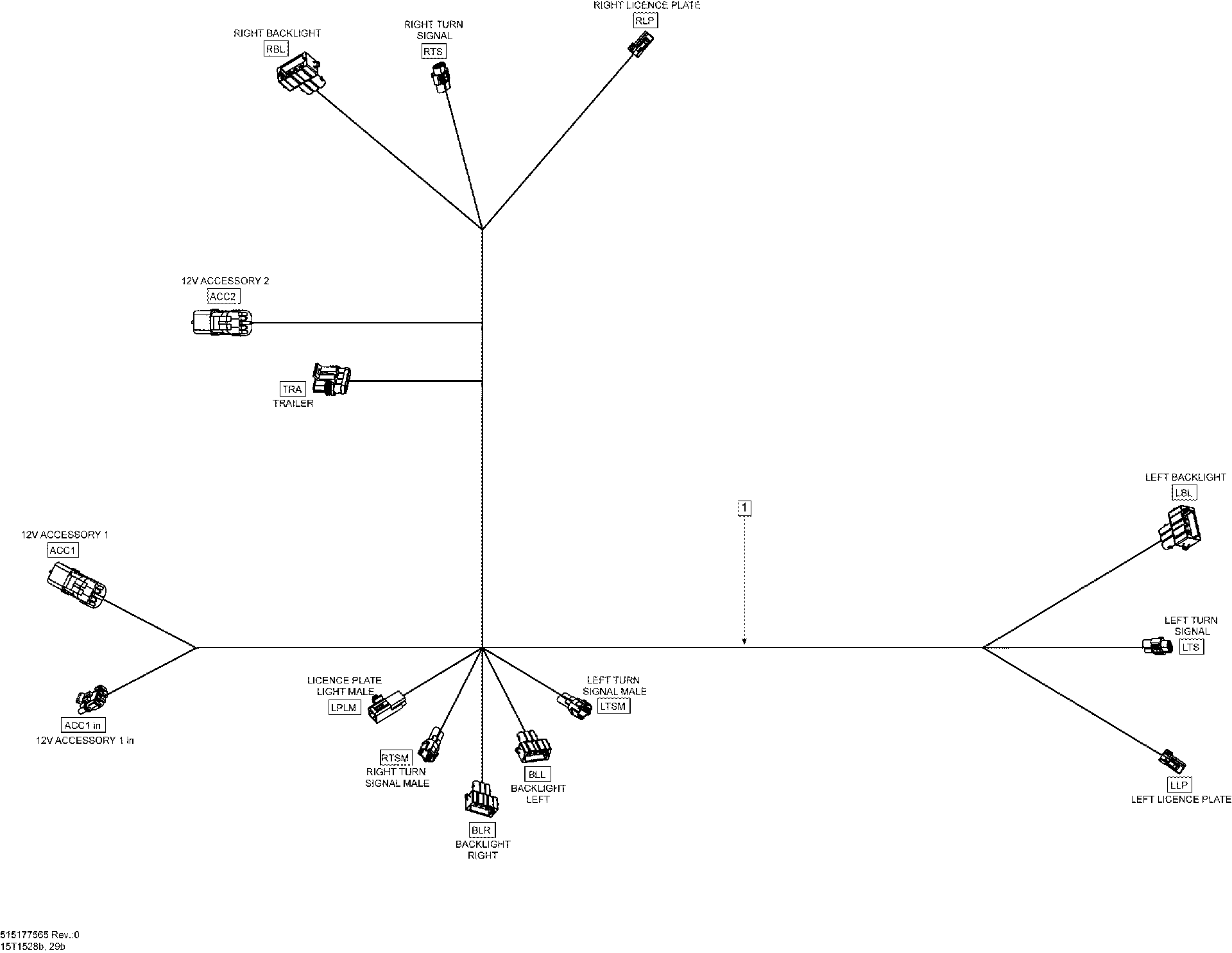 An Image of a Genuine Can-Am Parts Schematic Diagram showing the schematic - ELECTRICAL HARNESS _REAR HARNESS_15T1528B
