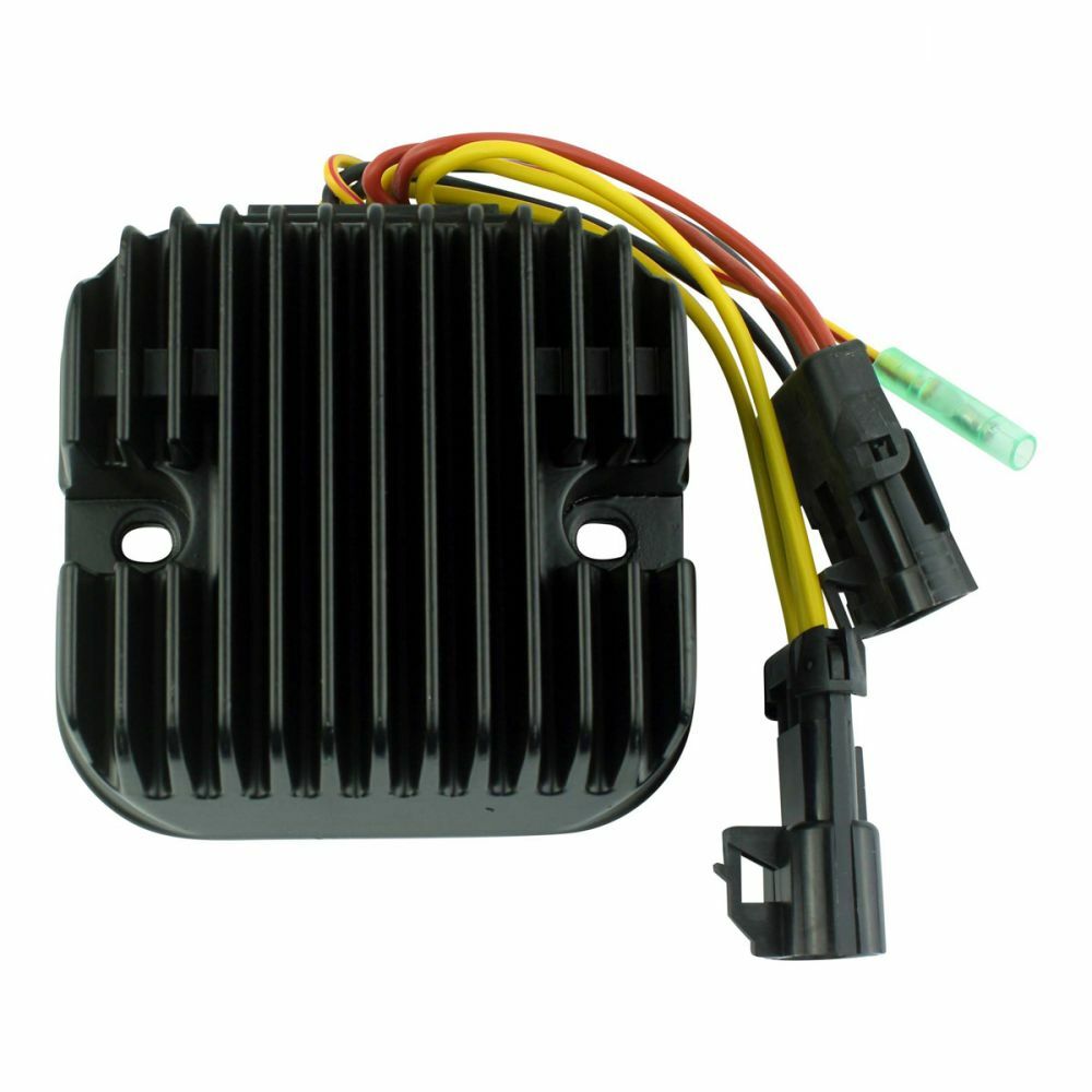 Black rectangular aluminum motorcycle regulator with cooling fins and attached yellow, red, and black wires ending in.