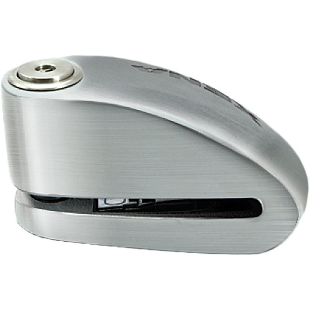 The Xx15 Alarm Disc Lock 4.13 x 2.3 by Xena is a silver, brushed metal lock for motorcycles or scooters, featuring a compact curved shape, top keyhole, and maximum security key barrel.