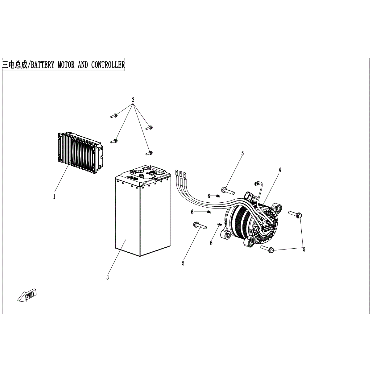 An Image of a genuine CFMOTO Parts Schematic Diagram showing the group - BATTERY MOTOR AND CONTROLLER - 2024 CFMOTO CFORCE EV110