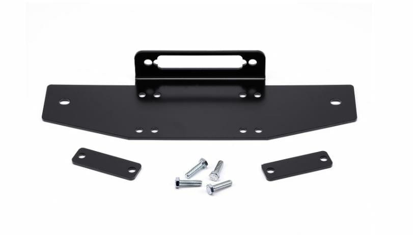 The Kubota RTV SXS Winch Mounting Kit By Warn includes a black metal, corrosion-resistant bracket, four screws, and two smaller black metal plates; all hardware is provided.
