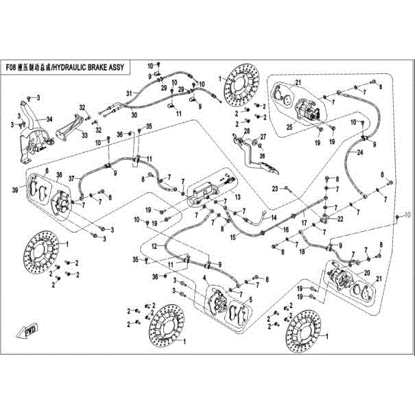 An Image of a Genuine CFMOTO Parts Schematic Diagram showing the schematic - HYDRAULIC BRAKE ASSY - 2016 CFMOTO UFORCE 500