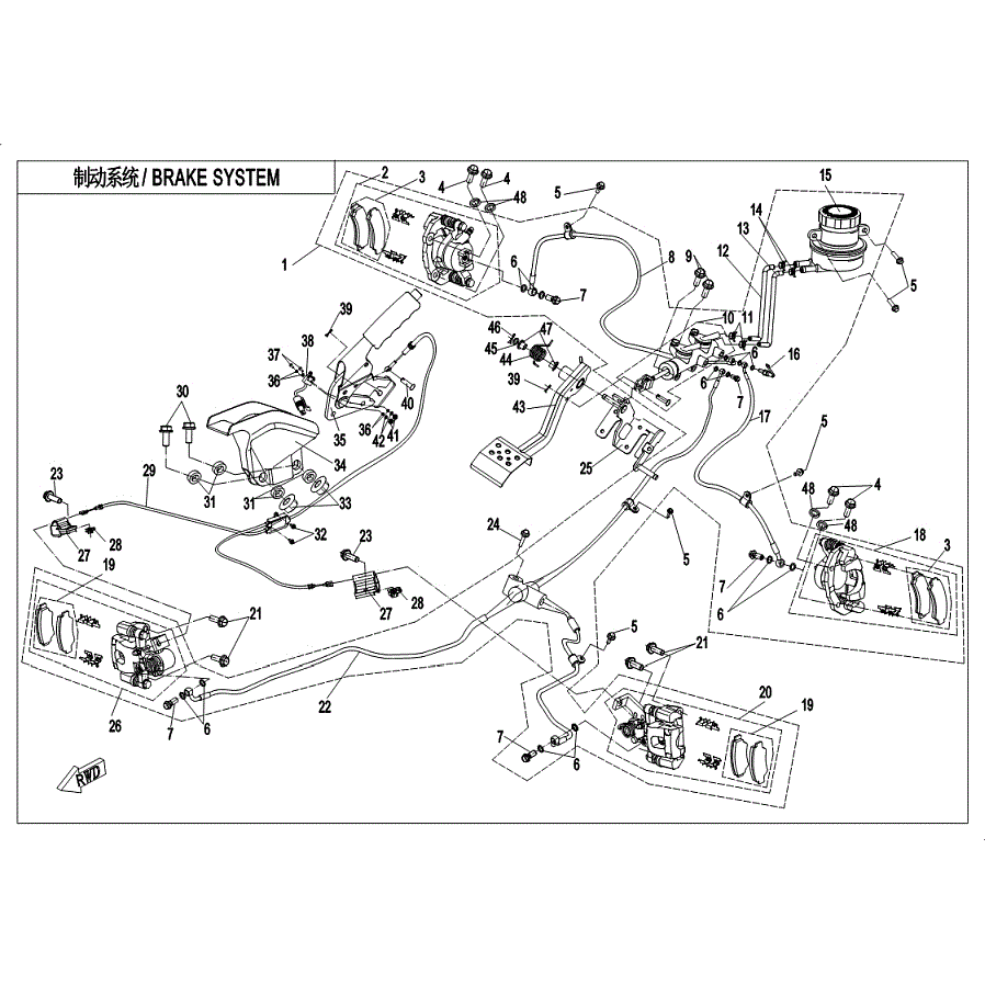 An Image of a Genuine CFMOTO Parts Schematic Diagram showing the schematic - BRAKE SYSTEM (2018) - 2019 CFMOTO ZFORCE 500