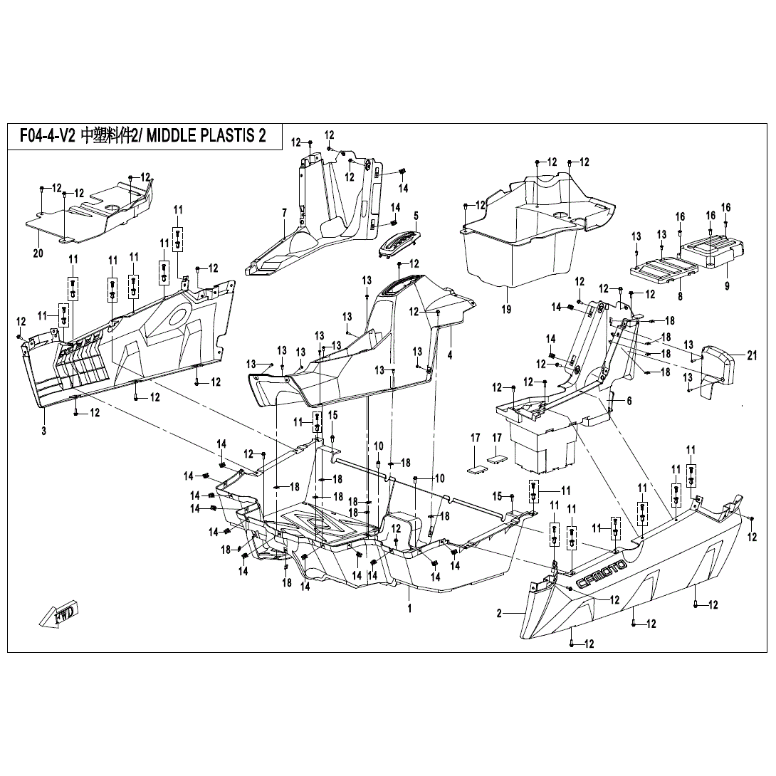 An Image of a Genuine CFMOTO Parts Schematic Diagram showing the schematic - MIDDLE PLASTICS 2 - 2020 CFMOTO ZFORCE 500