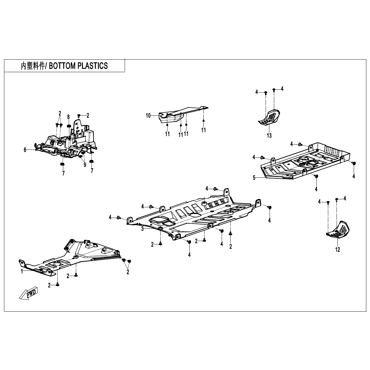 An Image of a genuine CFMOTO Parts Schematic Diagram showing the group - BOTTOM PLASTICS - 2025 CFMOTO CFORCE 1000 TOURING