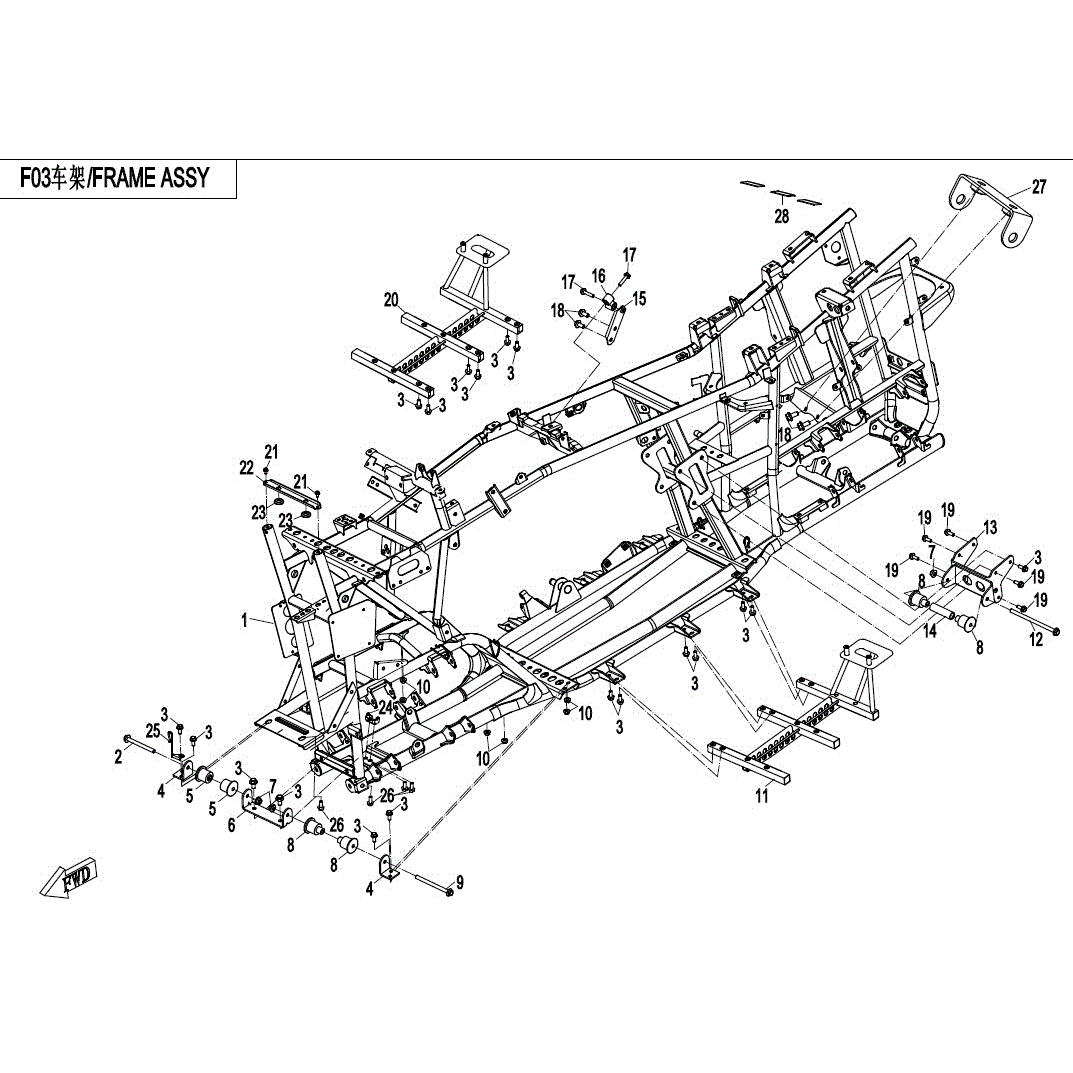 An Image of a genuine CFMOTO Parts Schematic Diagram showing the group - FRAME ASSY - 2017 CFMOTO CFORCE 800