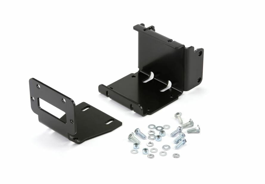 The Polaris ATV Winch Mounting Kit By Warn is shown on a white background, featuring two black metal brackets with laser-burned edges and an assortment of screws, bolts, nuts, and washers arranged neatly beside them.