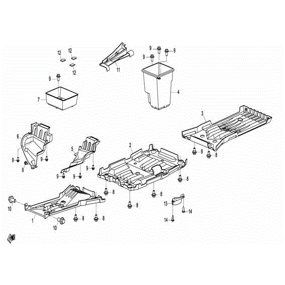 An Image of a genuine CFMOTO Parts Schematic Diagram showing the group - BOTTOM PLASTICS - 2016 CFMOTO CFORCE 800 X8
