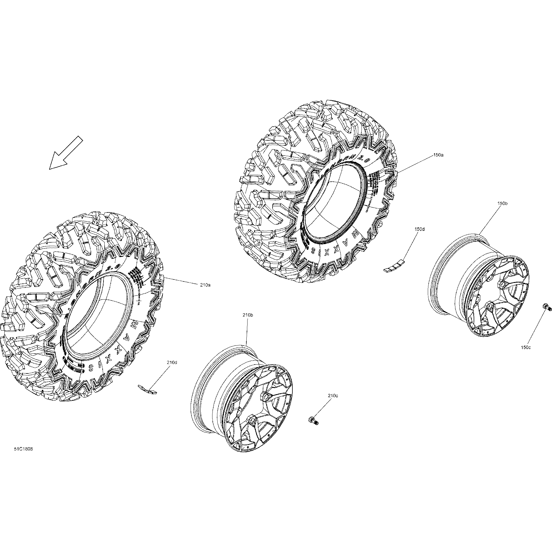 An Image of a Genuine Can-Am Parts Schematic Diagram showing the schematic - WHEELS AND TIRES MAVERICK - PACKAGE XC DPS