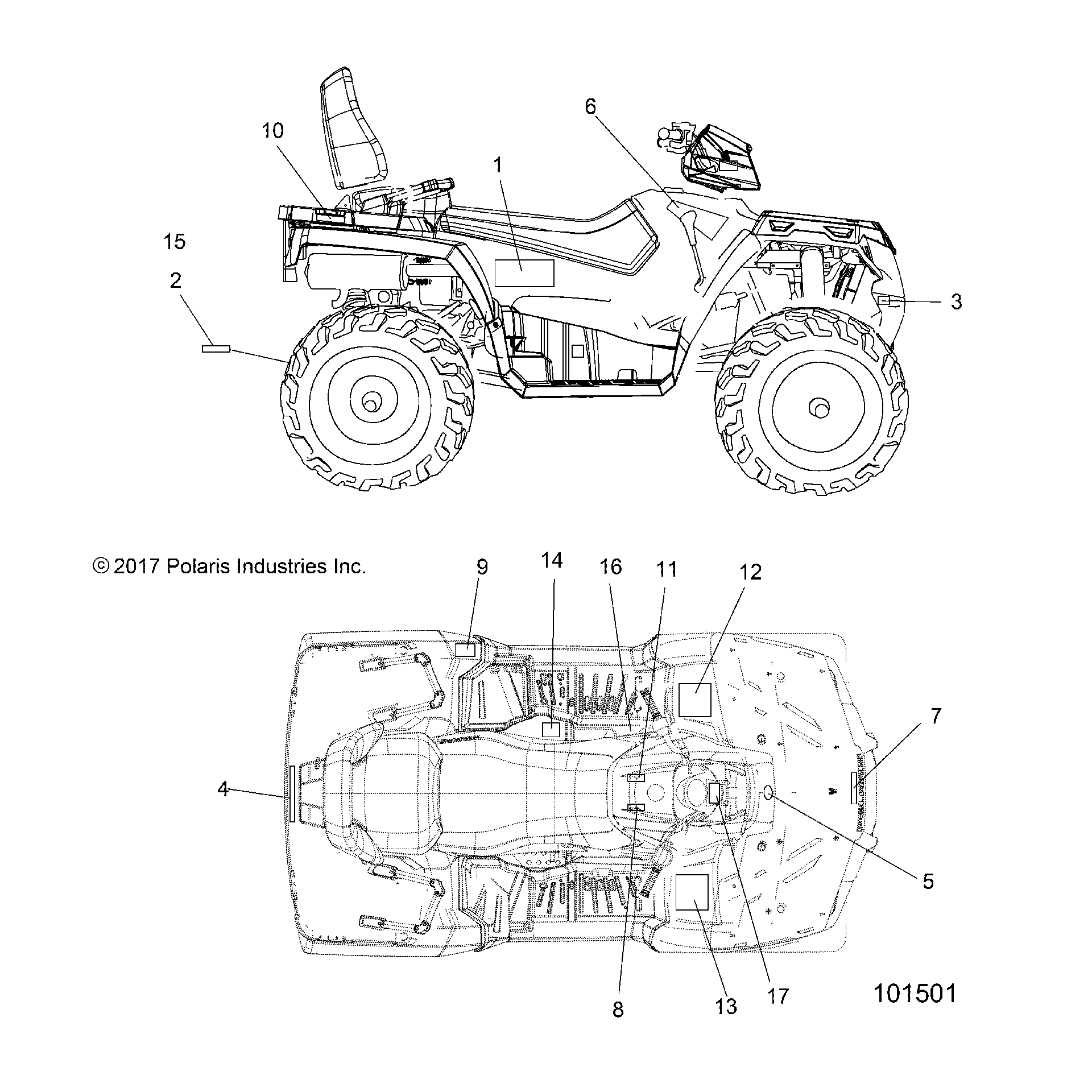 An Image of a Genuine Polaris Parts Schematic Diagram showing the schematic - BODY: DECALS - 2018 POLARIS SPORTSMAN TOURING 570 EFI/EPS