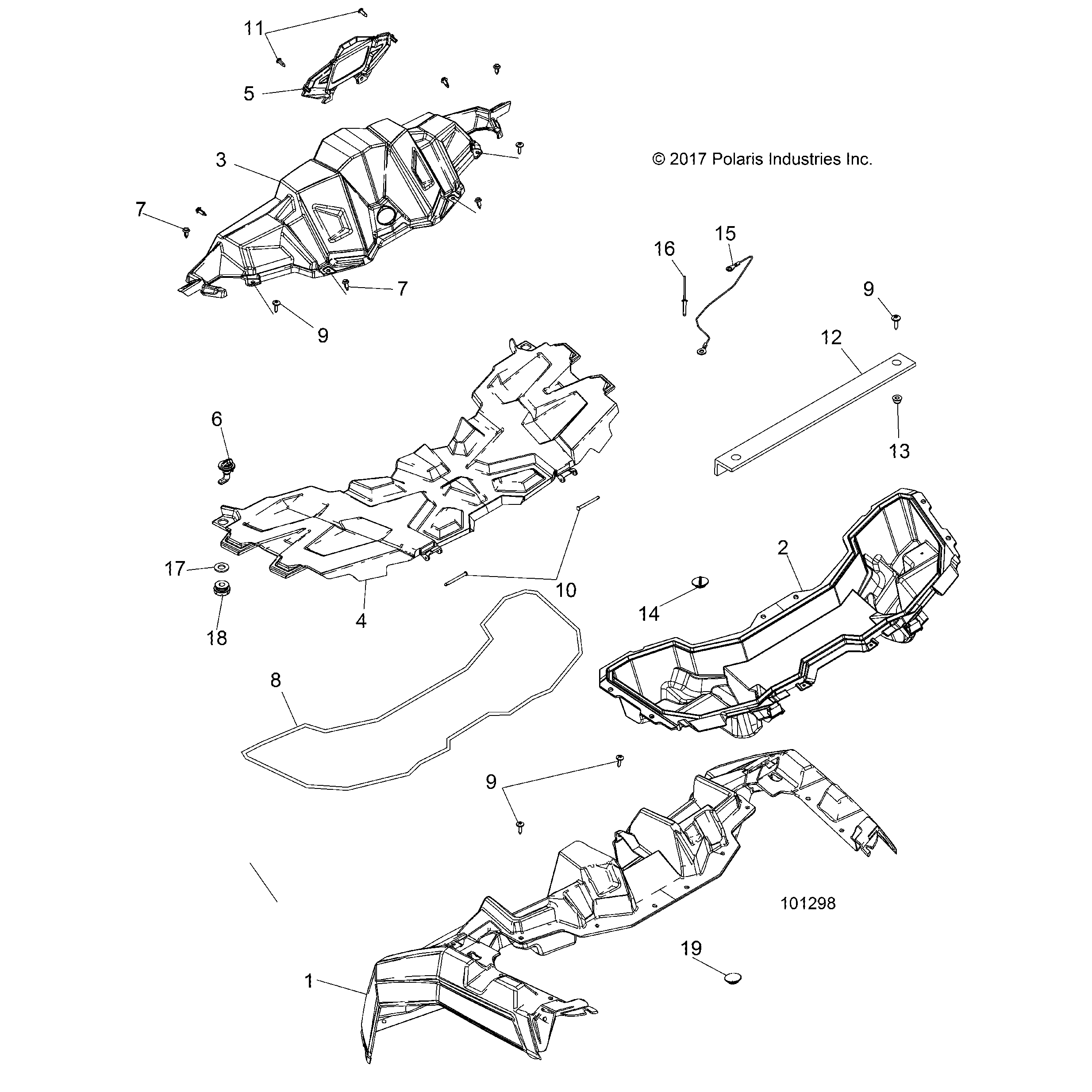 An Image of a Genuine Polaris Parts Schematic Diagram showing the schematic - BODY: HOOD AND FRONT BODY WORK - 2019 POLARIS ACE 900 EPS XC
