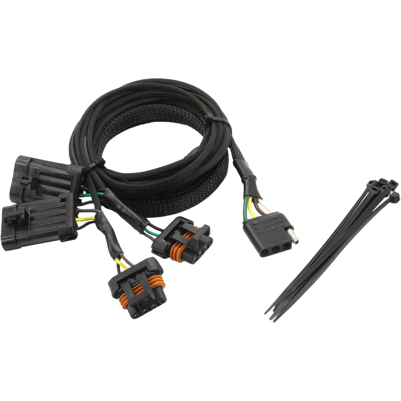 The 4 Pin Trailer Light Adapter Xd 1500 by XTC Power, a coiled black wiring harness with multiple connectors and colored wires, is pictured alongside several black plastic zip ties on a white background.