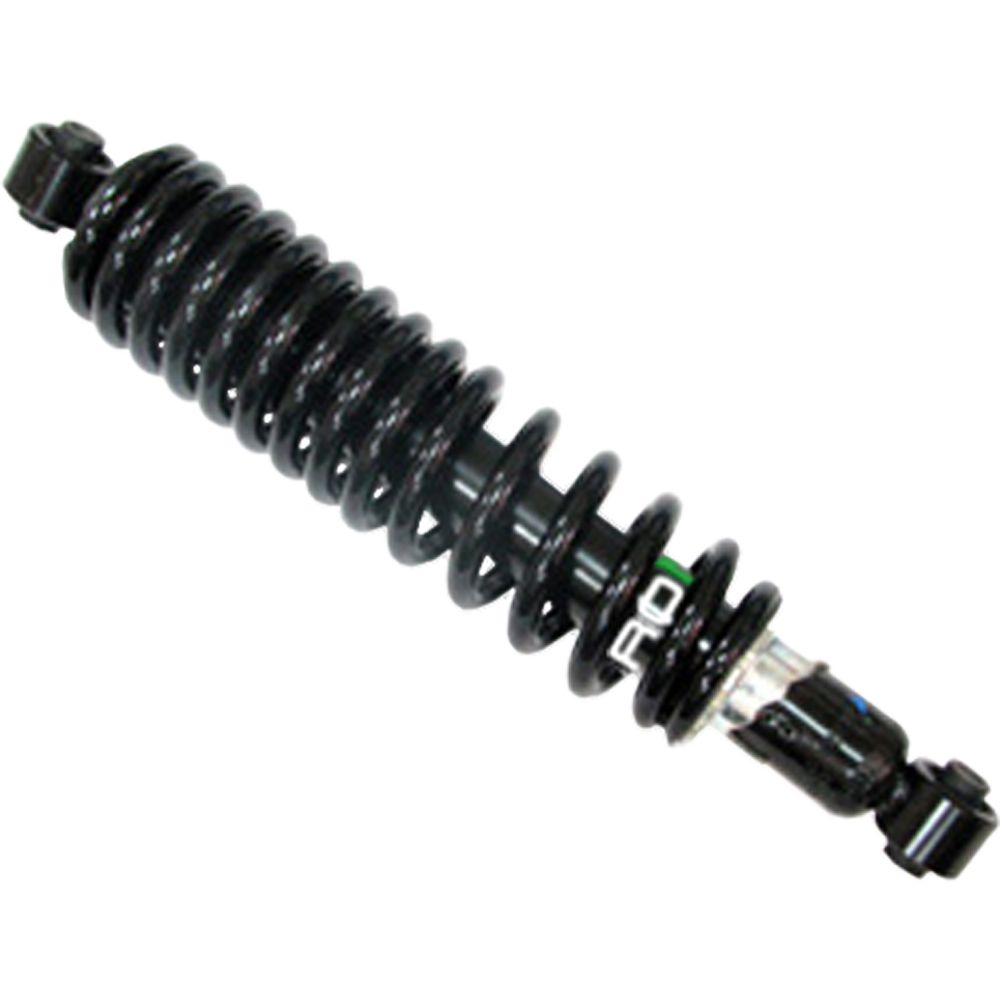 The Yamaha Rhino 450/660 UTV/ATV Rear Gas Shock by Bronco is a black shock absorber with a tightly wound spring, mounting points at both ends, a green and white label, and is available at Witchdoctors.com.