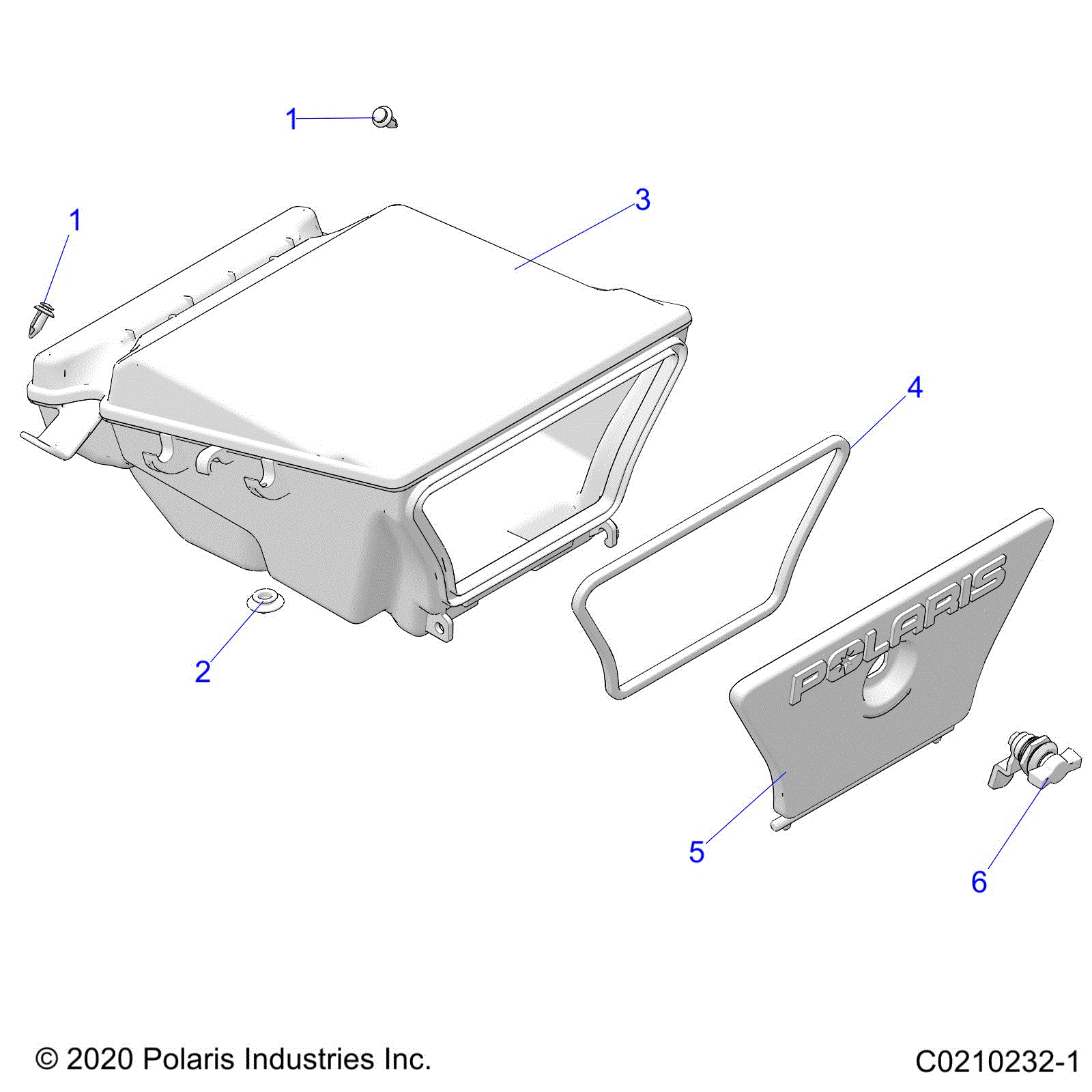 An Image of a Genuine Polaris Parts Schematic Diagram showing the schematic - BODY: STORAGE BOX REAR - 2020 POLARIS SPORTSMAN 450 HO