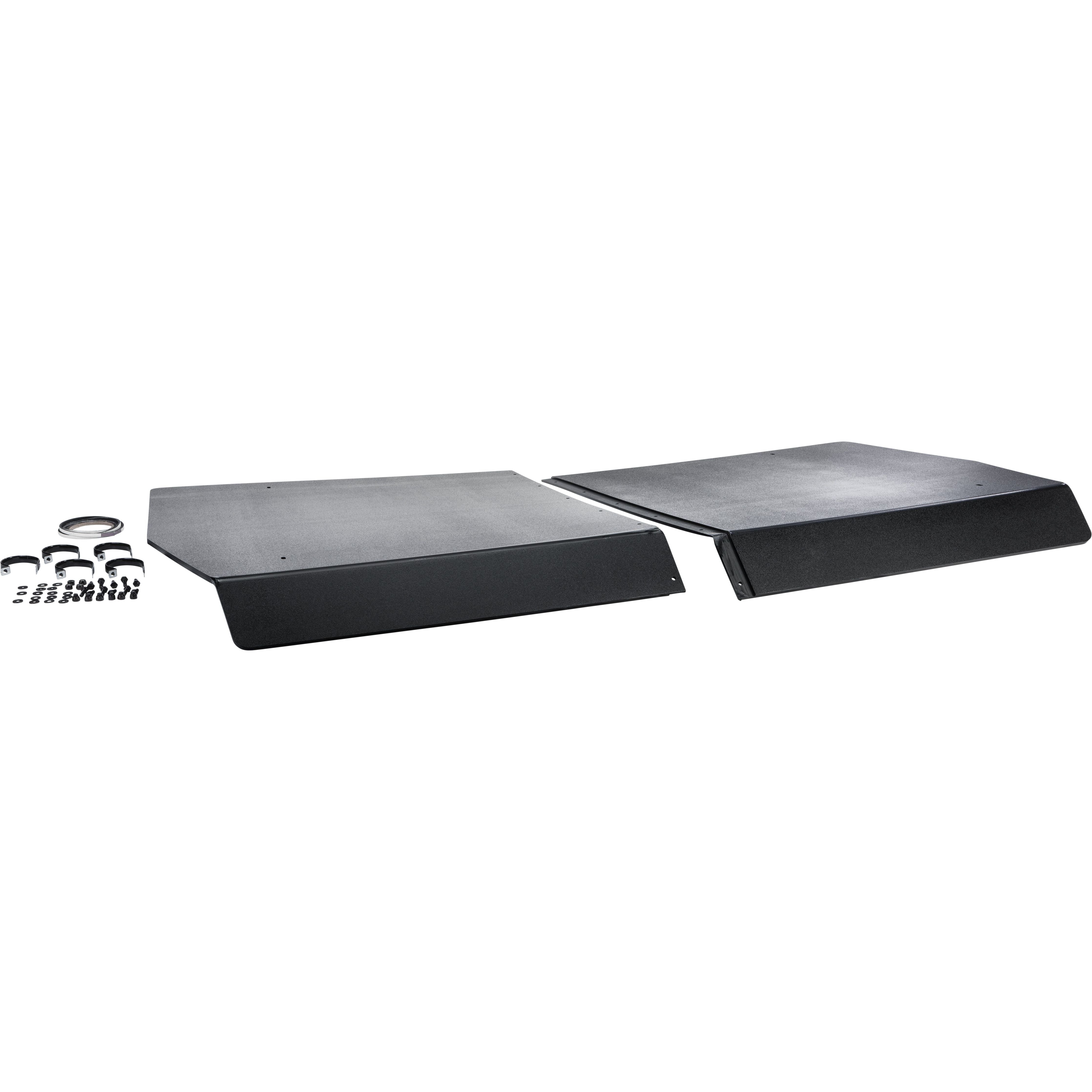 Two large black HDPE roof panels for the Honda Pioneer 1000 UTV by Open Trail are laid side by side. On the left, grouped brackets, screws, and fasteners are organized for roof assembly.