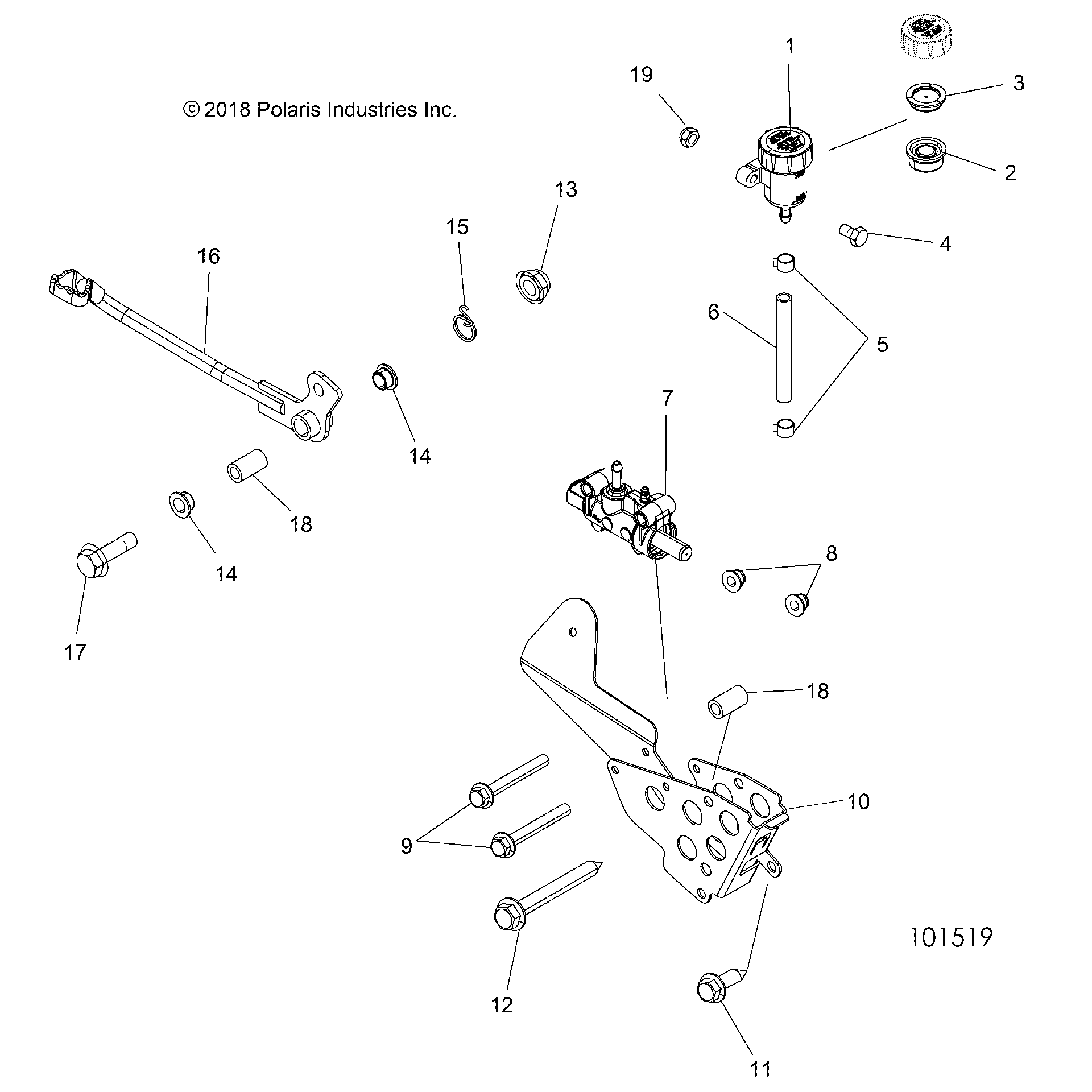 An Image of a Genuine Polaris Parts Schematic Diagram showing the schematic - BRAKES: BRAKE PEDAL and MASTER CYLINDER - 2019 POLARIS SPORTSMAN TOURING XP 1000