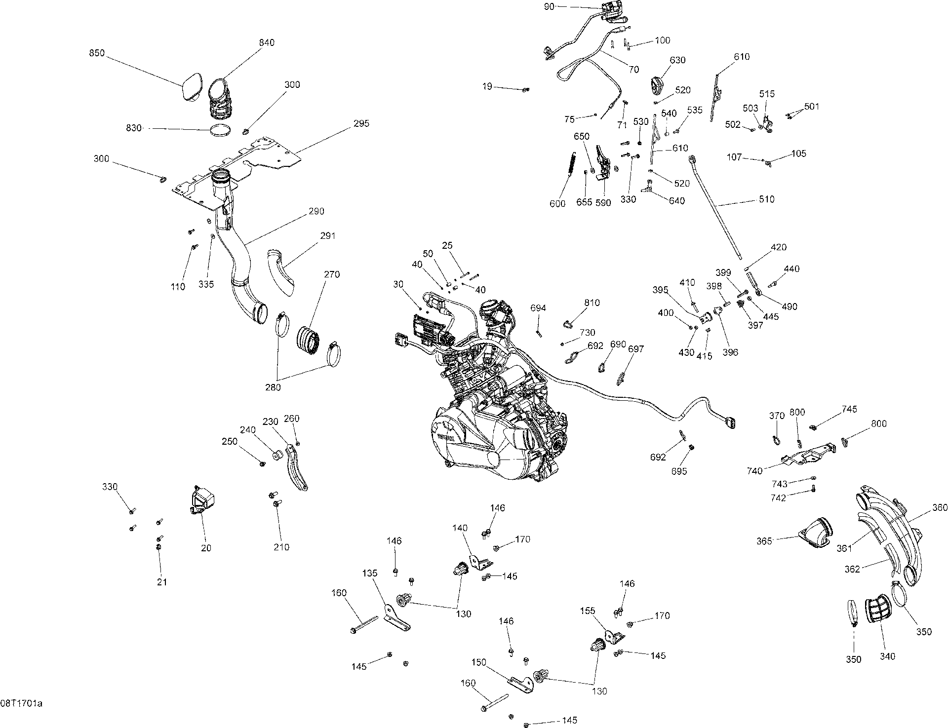 An Image of a Genuine Can-Am Parts Schematic Diagram showing the schematic - ENGINE AND ENGINE SUPPORT - 450 EFI