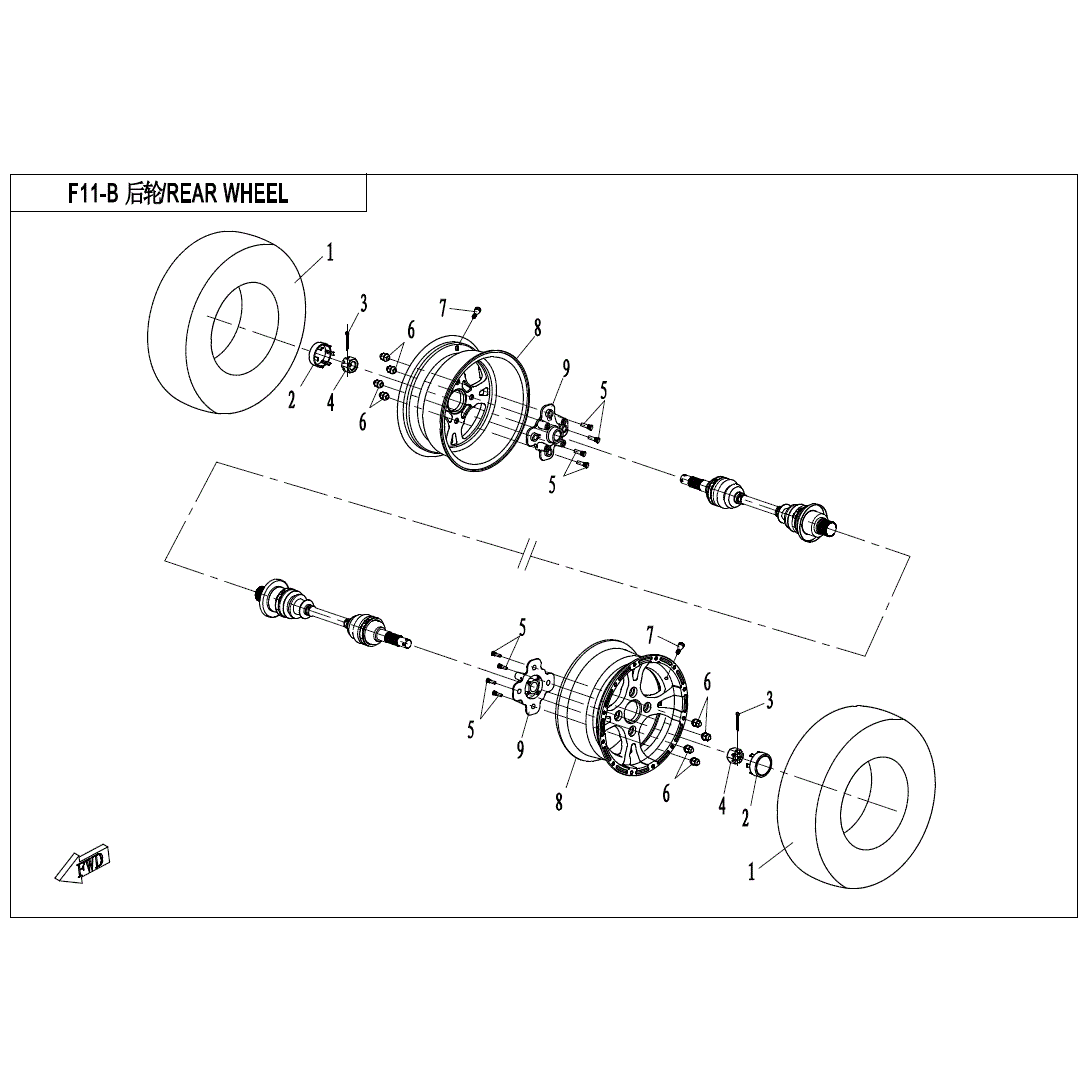 An Image of a Genuine CFMOTO Parts Schematic Diagram showing the schematic - REAR WHEEL - 2021 CFMOTO UFORCE 800