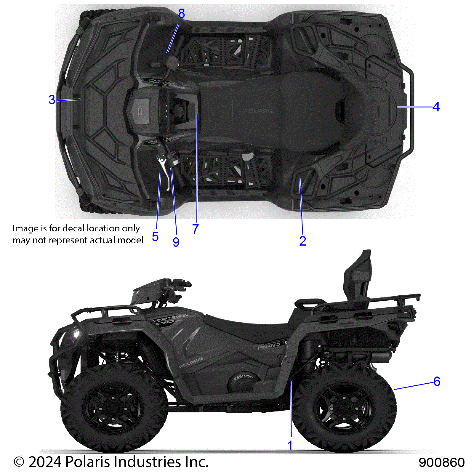 An Image of a Genuine Polaris Parts Schematic Diagram showing the schematic - BODY: DECALS STANDARD - 2026 POLARIS SPORTSMAN TOURING 570 PREMIUM