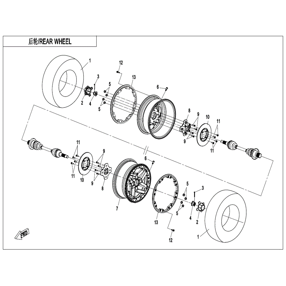 An Image of a genuine CFMOTO Parts Schematic Diagram showing the group - REAR WHEE (OVERLAND) - 2021 CFMOTO CFORCE 1000 Overland
