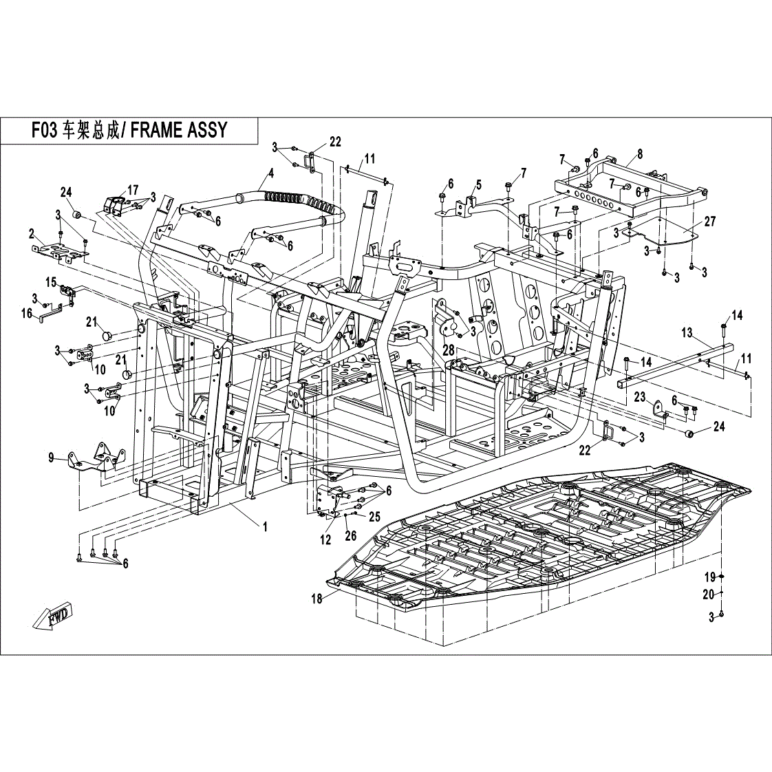 An Image of a Genuine CFMOTO Parts Schematic Diagram showing the schematic - FRAME ASSY - 2017 CFMOTO UFORCE 800 EPS