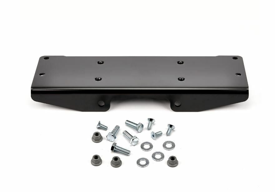 John Deere SXS (2018-2022) Winch Mounting Kit by Warn includes a black metal bracket, screws, bolts, washers, and nuts—perfect for ATV winch installation with excellent corrosion resistance on a white background.