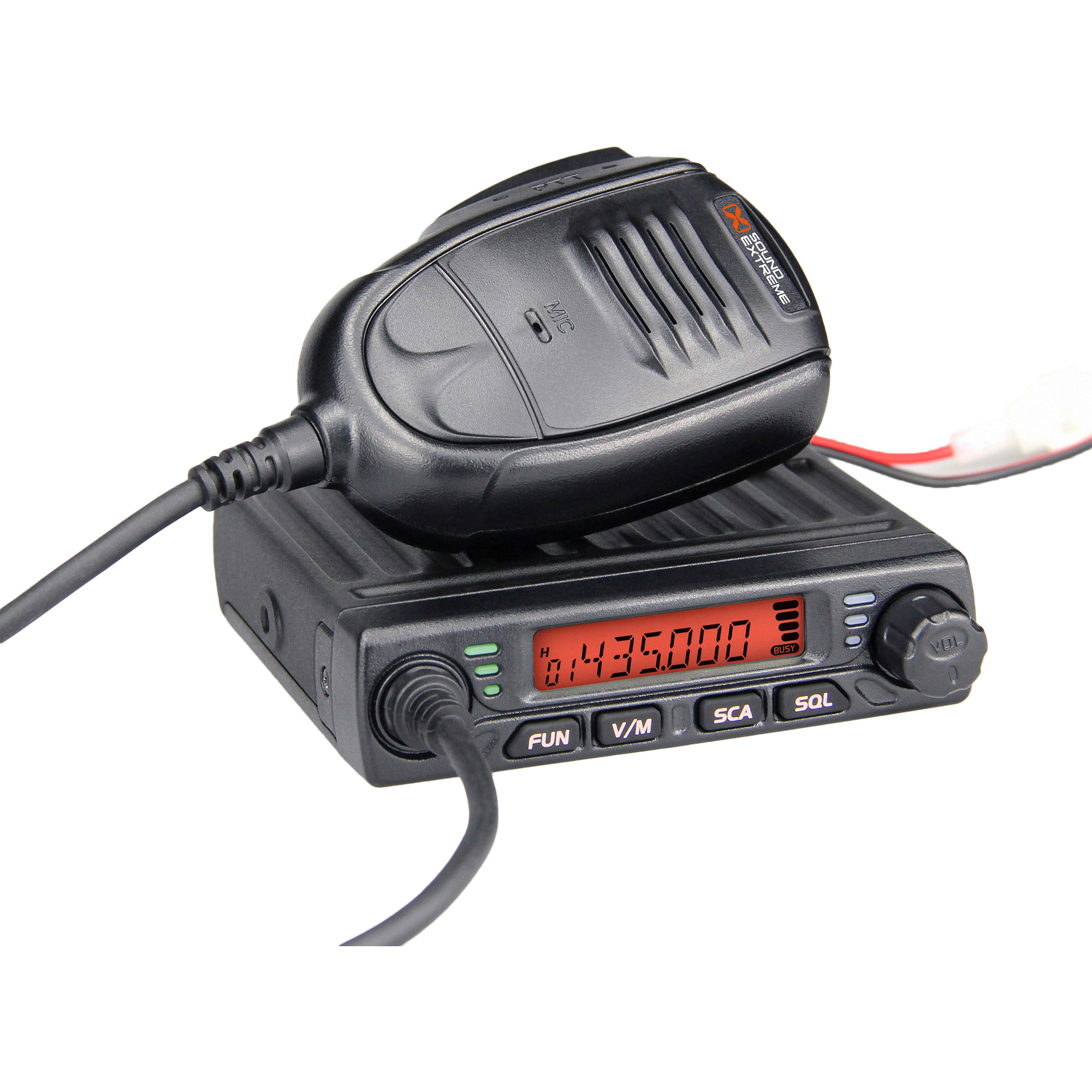 The 15 Watt GMRS Fixed Mount Radio by EcoXGear features a black design with an orange digital display showing 145.000, a handheld mic on top with a coiled cord, and multiple buttons and knobs for versatile GMRS channel operation.