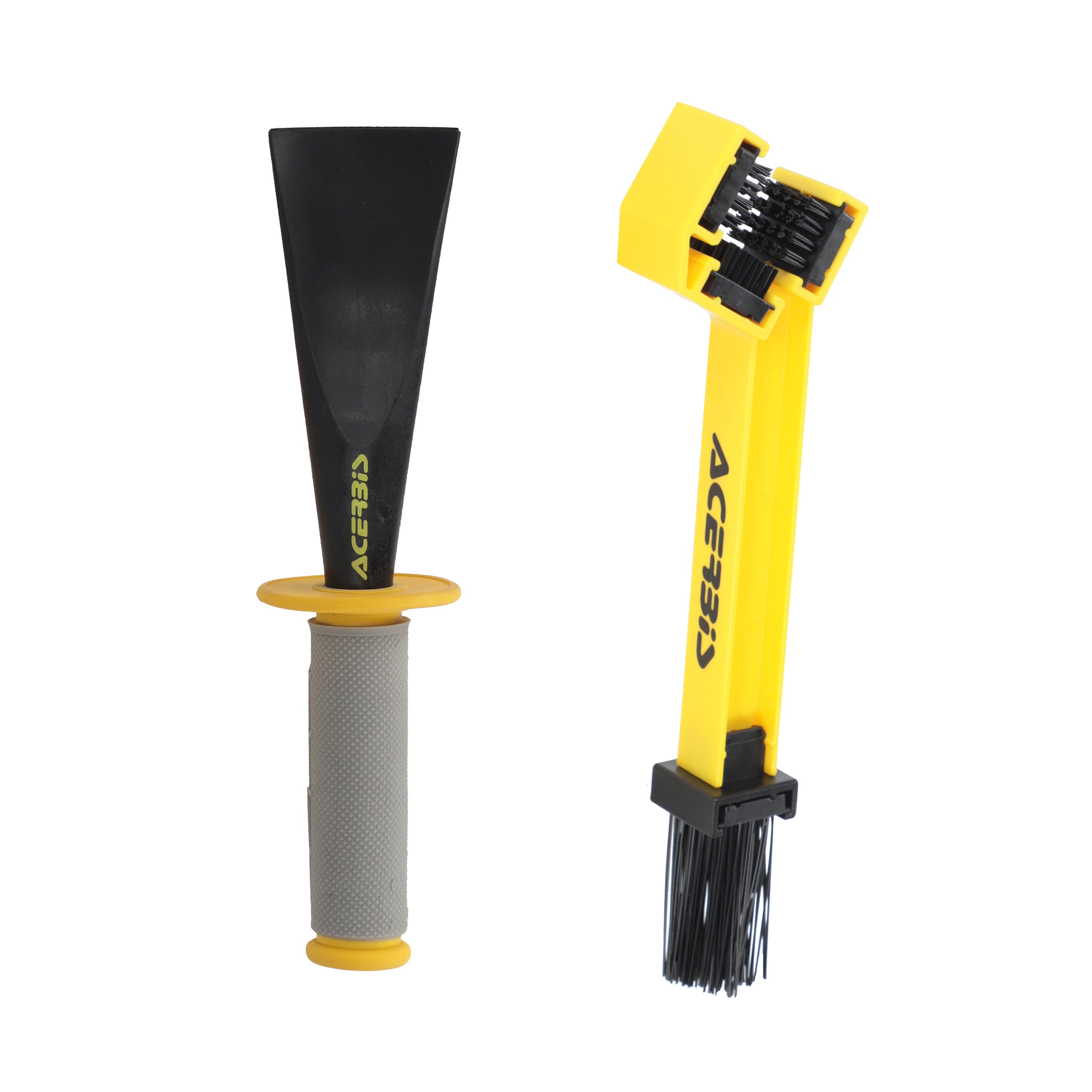 The Mud Scraper + Chain Brush by Acerbis includes two yellow and black tools with gray handles—a flat bike mud scraper and a three-sided bristle cleaning brush—ideal for chain cleaning and maintenance.