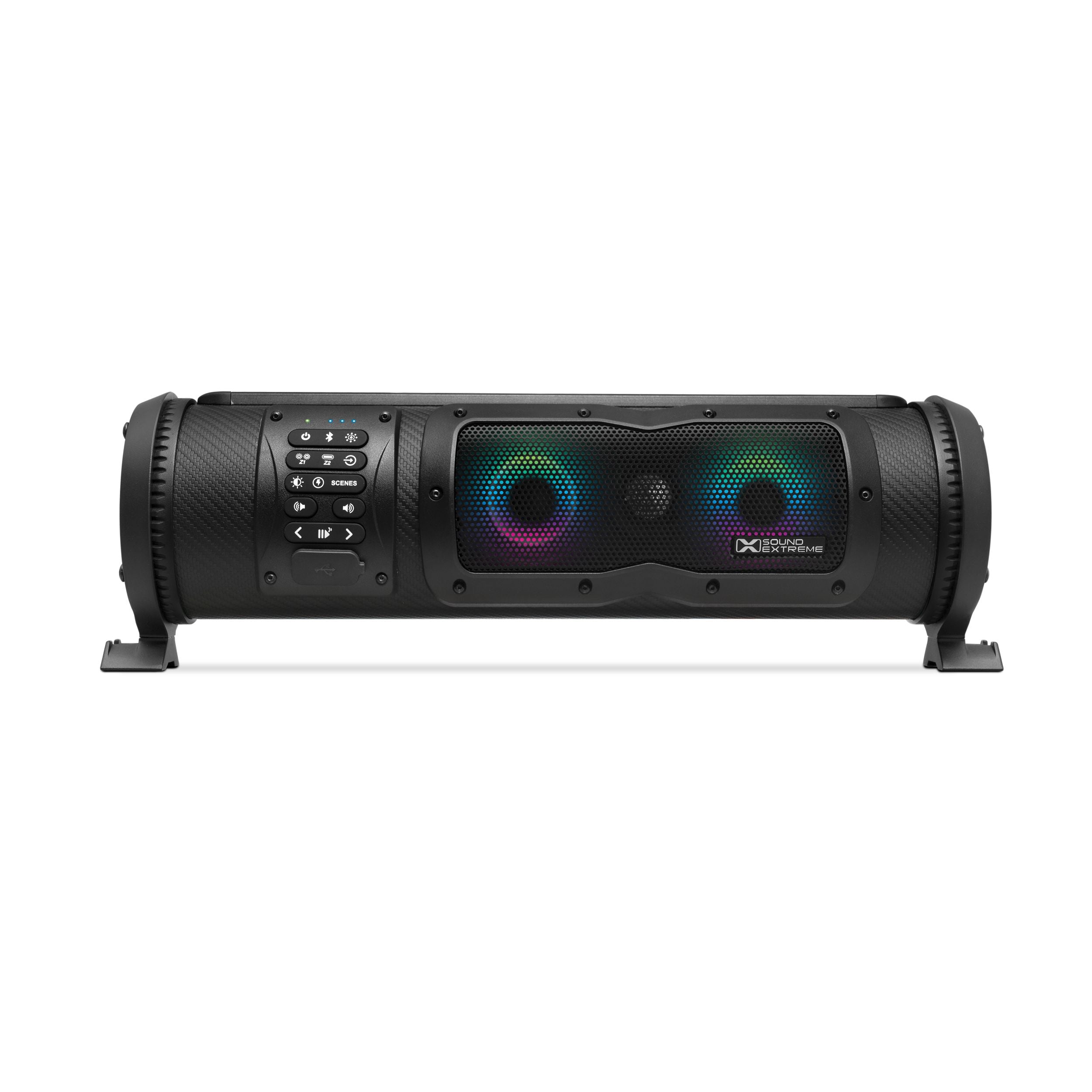 The 300 Watt Peak 18" Soundbar by EcoXGear is a black cylindrical Bluetooth 5.0 speaker with left-side control buttons, dual front-facing marine-grade multicolored LED speakers, and two small stands for superior waterproof audio anywhere.