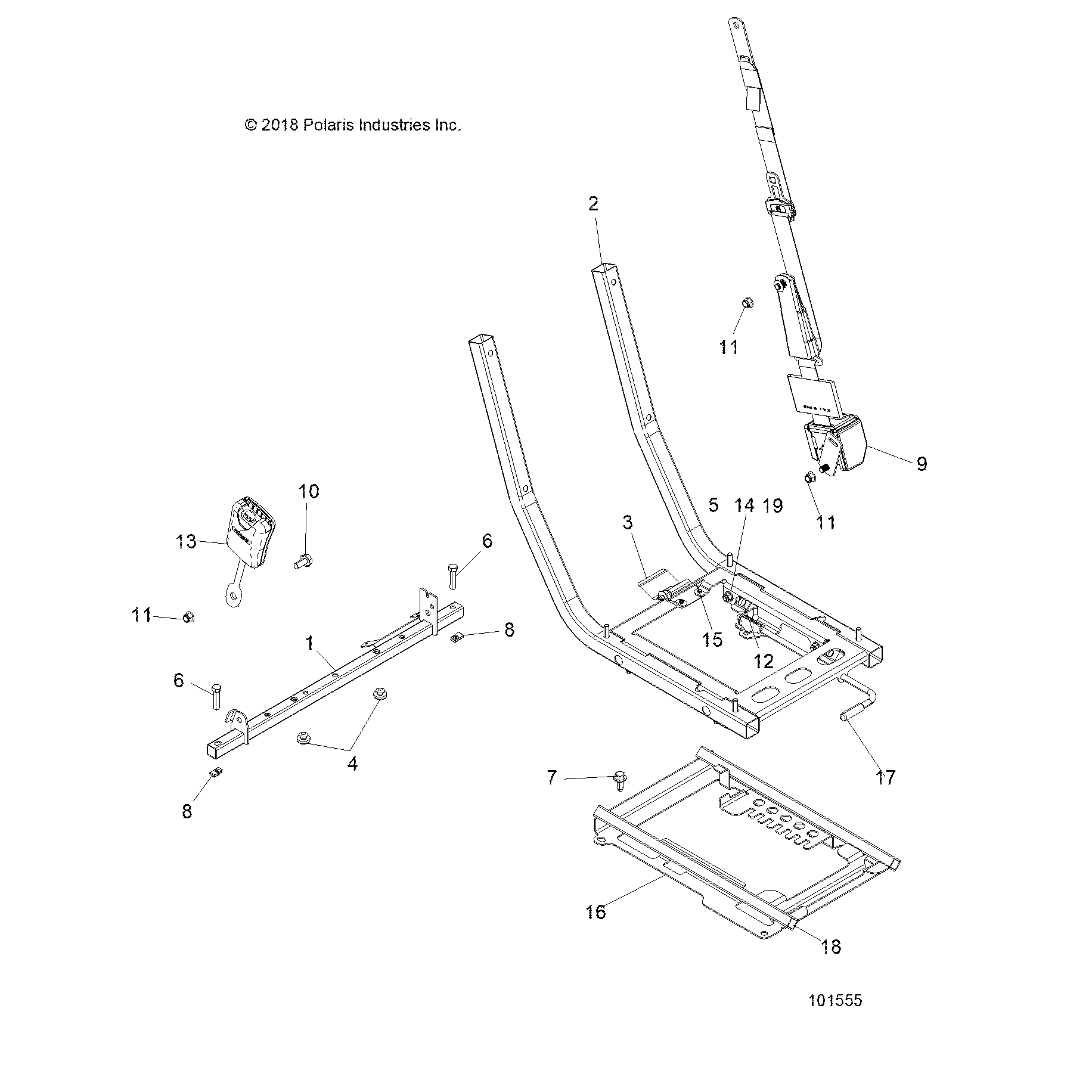 An Image of a Genuine Polaris Parts Schematic Diagram showing the schematic - BODY: SEAT MOUNTING AND BELT - 2019 POLARIS ACE 570