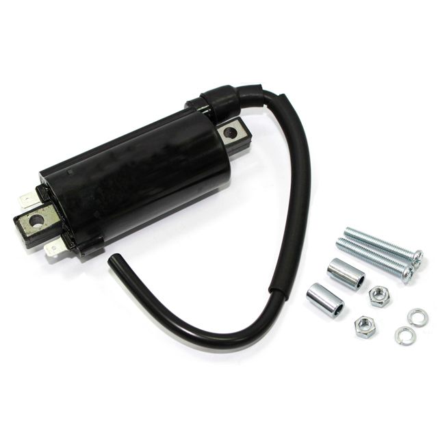 The Kawasaki Bayou 4x4 Ignition Coil by Bronco, black with an attached wire, is shown with screws, nuts, and cylindrical spacers on a white background.