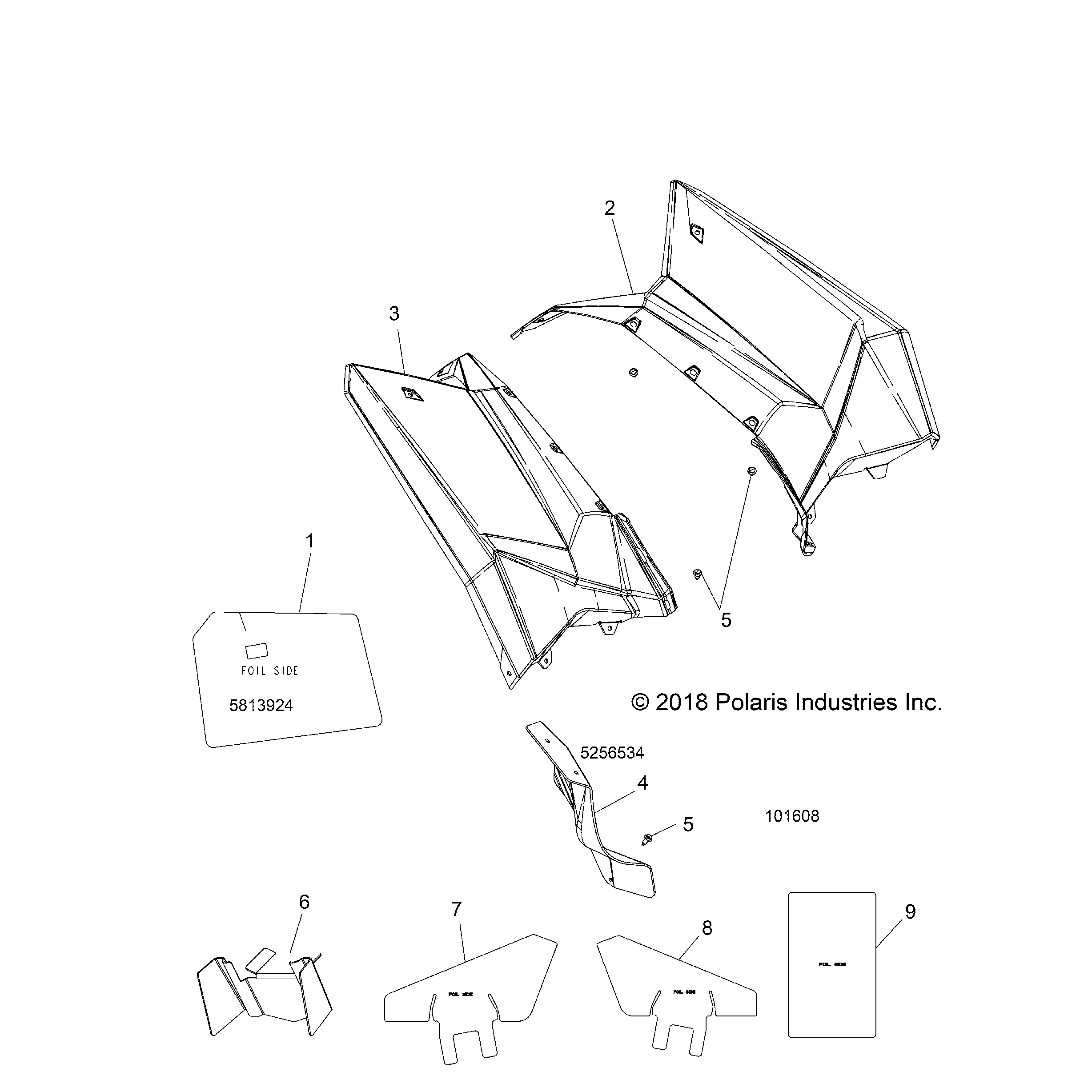 An Image of a Genuine Polaris Parts Schematic Diagram showing the schematic - BODY: REAR CAB AND HEAT SHIELDS - 2016 POLARIS SCRAMBLER XP 1000