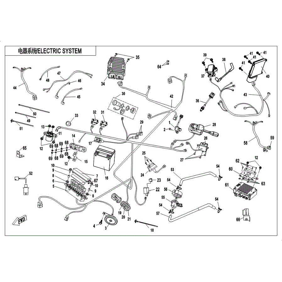 An Image of a Genuine CFMOTO Parts Schematic Diagram showing the schematic - ELECTRIC SYSTEM - 2019 CFMOTO UFORCE 500