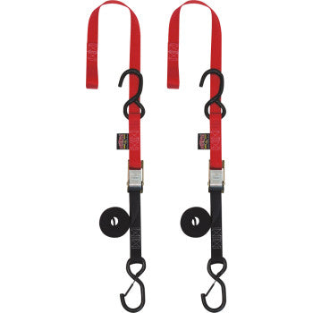Two Cam Buckle Sewn In Soft Tye 1 x 5½ Red straps by Powertye Mfg., made of durable nylon with metal cam buckles and secure latch hooks, are coiled neatly side by side on a white background.