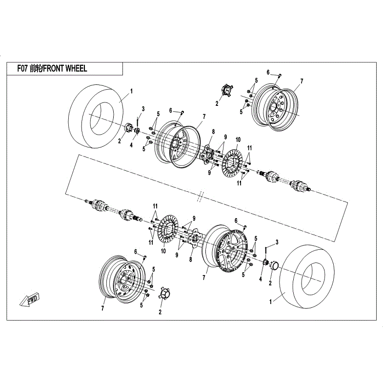 An Image of a Genuine CFMOTO Parts Schematic Diagram showing the schematic - FRONT WHEEL - 2018 CFMOTO ZFORCE 1000