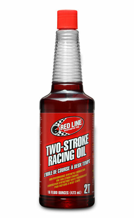A 16 fl oz (473 ml) bottle of Racing Oil 2T by Red Line, with a red cap and label featuring white and yellow text, designed for racing applications and high-temperature stability.