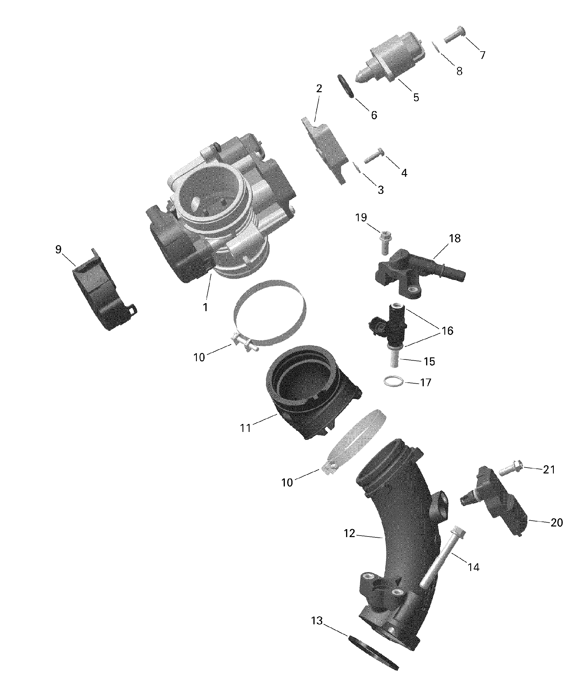 An Image of a Genuine Can-Am Parts Schematic Diagram showing the schematic - ROTAX - AIR INTAKE MANIFOLD AND THROTTLE BODY - 1
