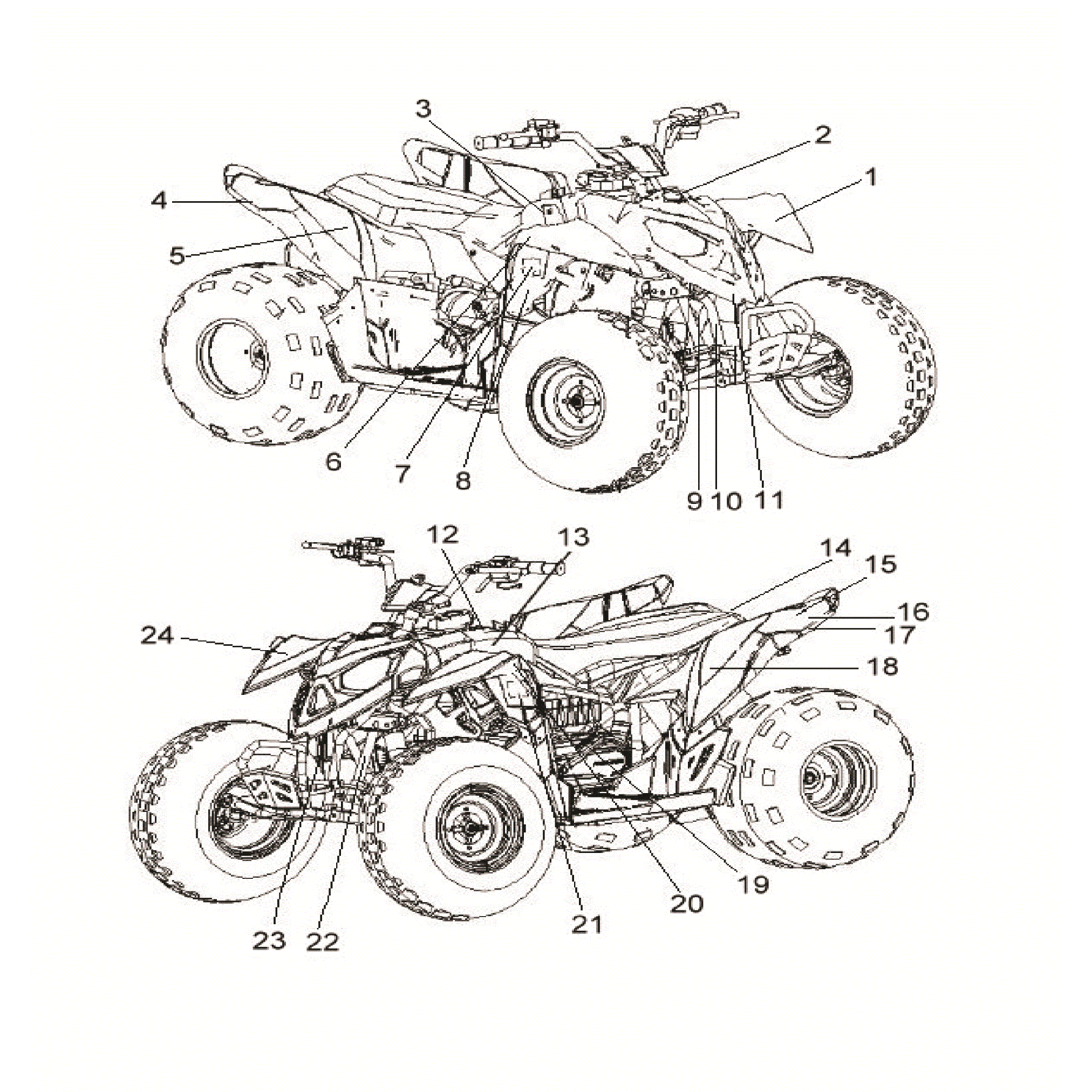An Image of a Genuine Polaris Parts Schematic Diagram showing the schematic - BODY: DECALS - 2019 POLARIS OUTLAW 110