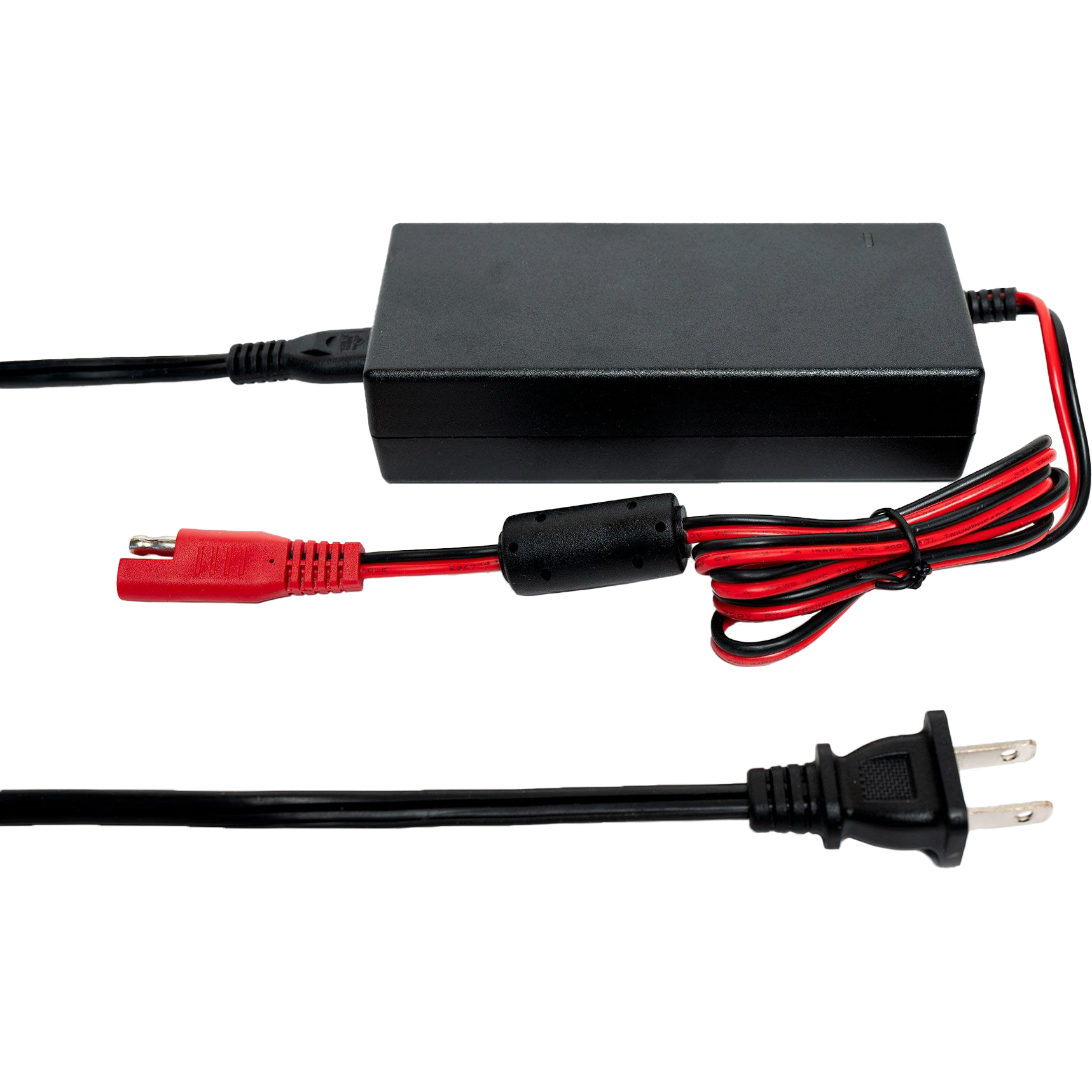 The Ac To Dc Home Power Supply by EcoXGear features a black power adapter with a two-prong plug, a coiled black and red cable, and an alligator clip connector, all shown on a white background.