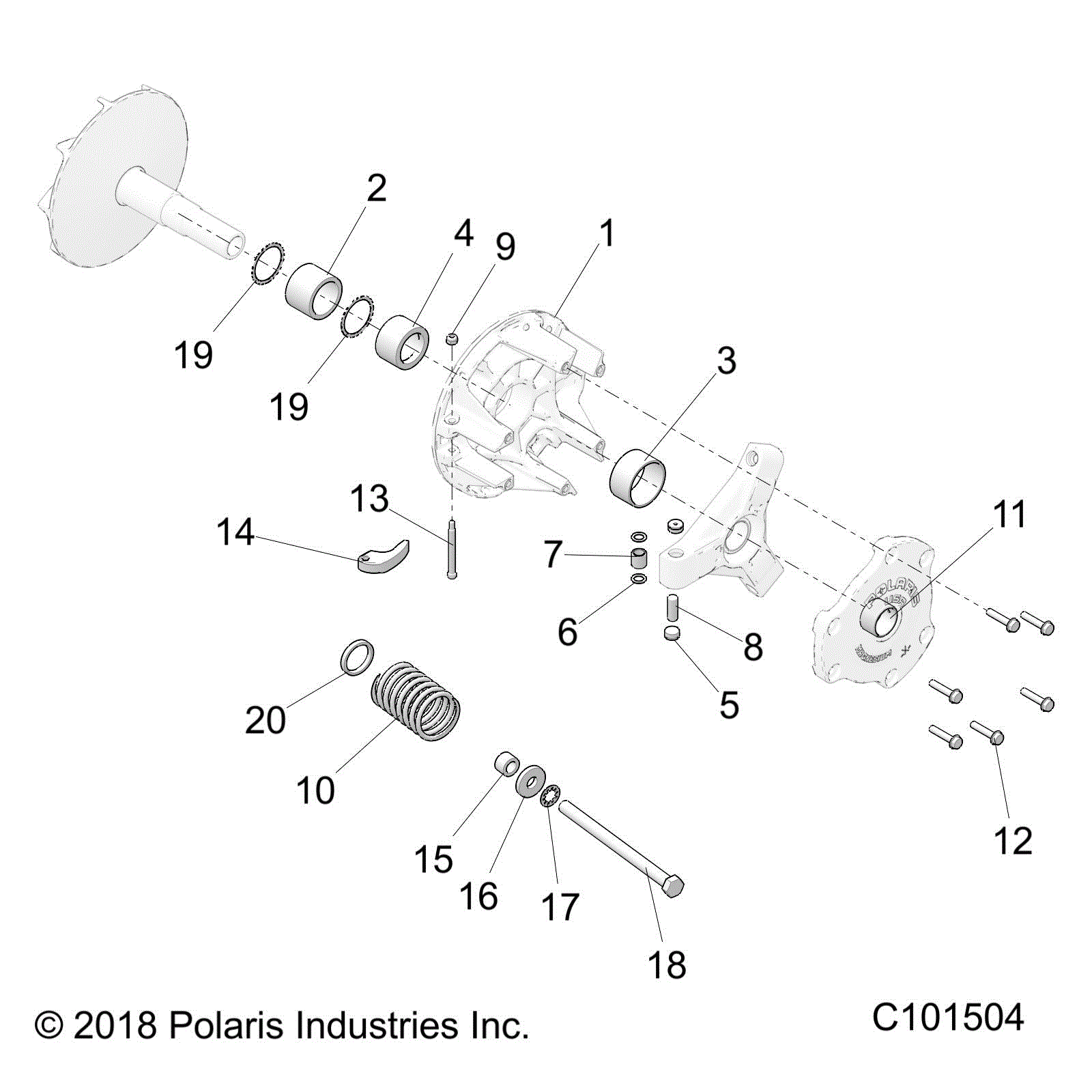 An Image of a Genuine Polaris Parts Schematic Diagram showing the schematic - DRIVE TRAIN: PRIMARY CLUTCH - 2020 POLARIS SPORTSMAN XP 1000 HIGH LIFTER