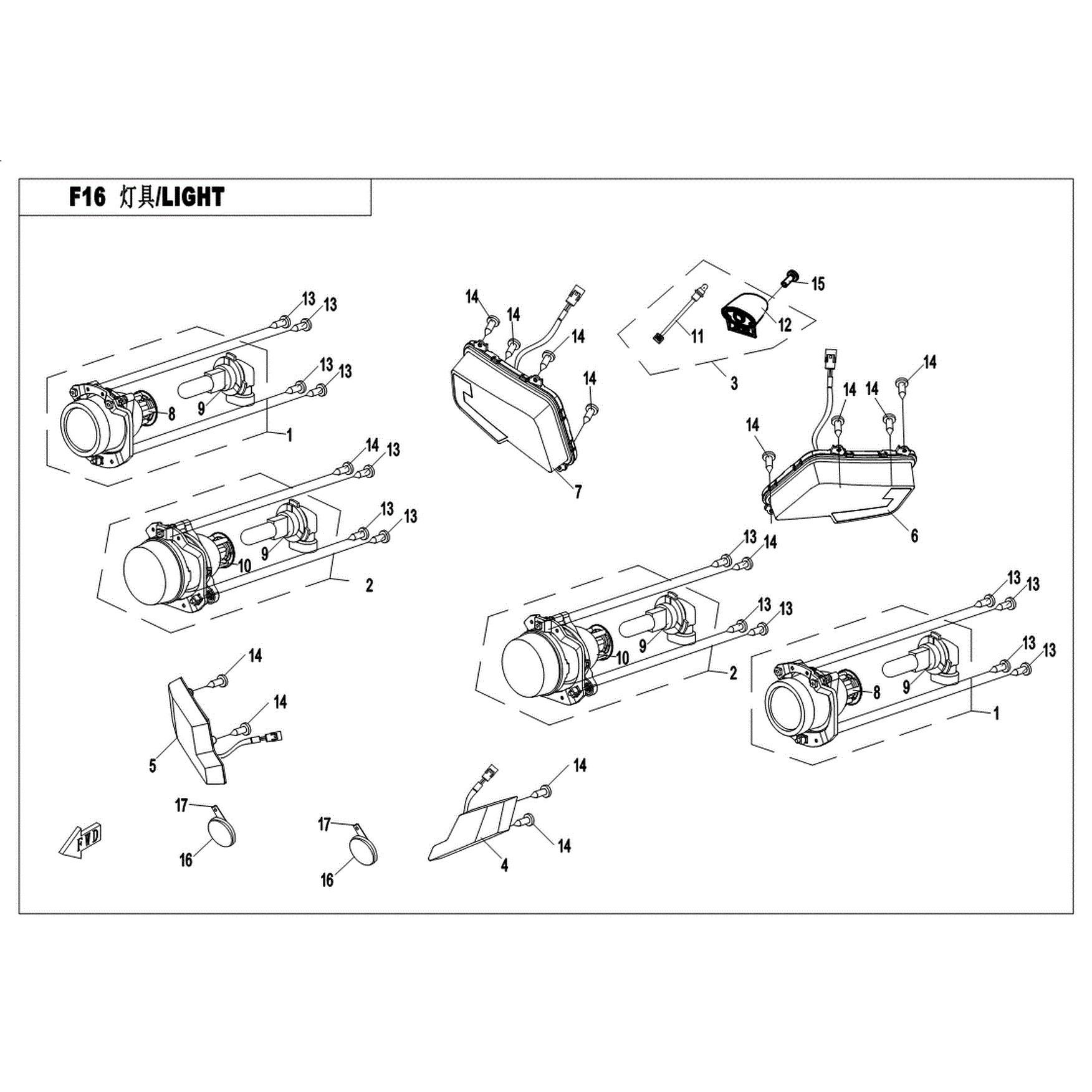 An Image of a genuine CFMOTO Parts Schematic Diagram showing the group - LIGHTS - 2017 CFMOTO CFORCE 500 HO